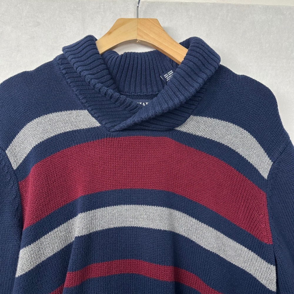 CHAPS Mens Shawl Collar Striped Sweater Navy Burgundy Grey Cotton M